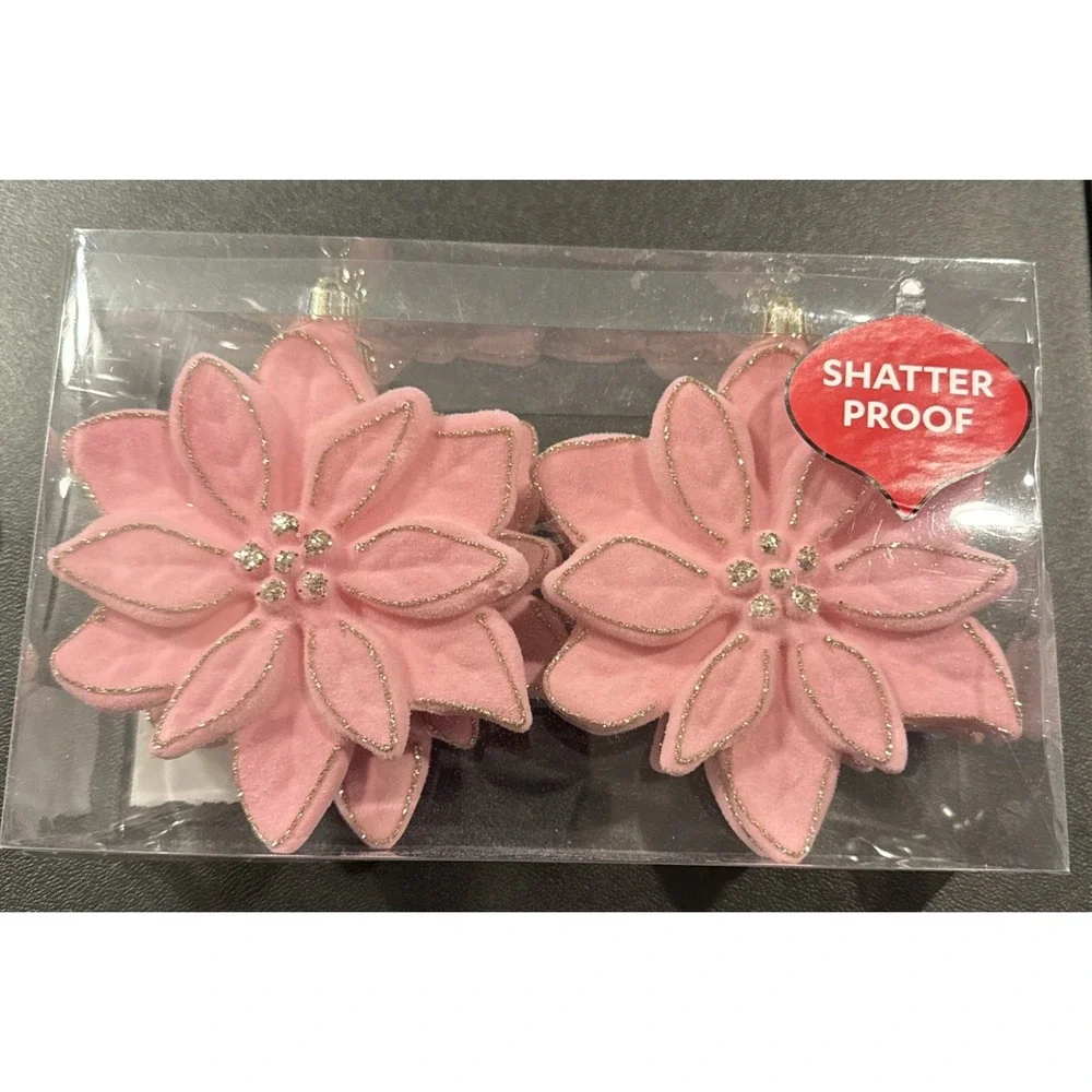 Pink Poinsettia Flocked Gold Glitter Shatterproof 4 Ornaments Christmas Tree NEW